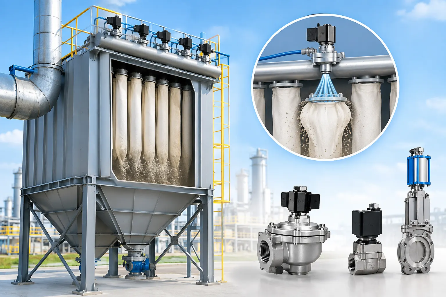 Pulse jet dust collector filter bags during compressed air cleaning