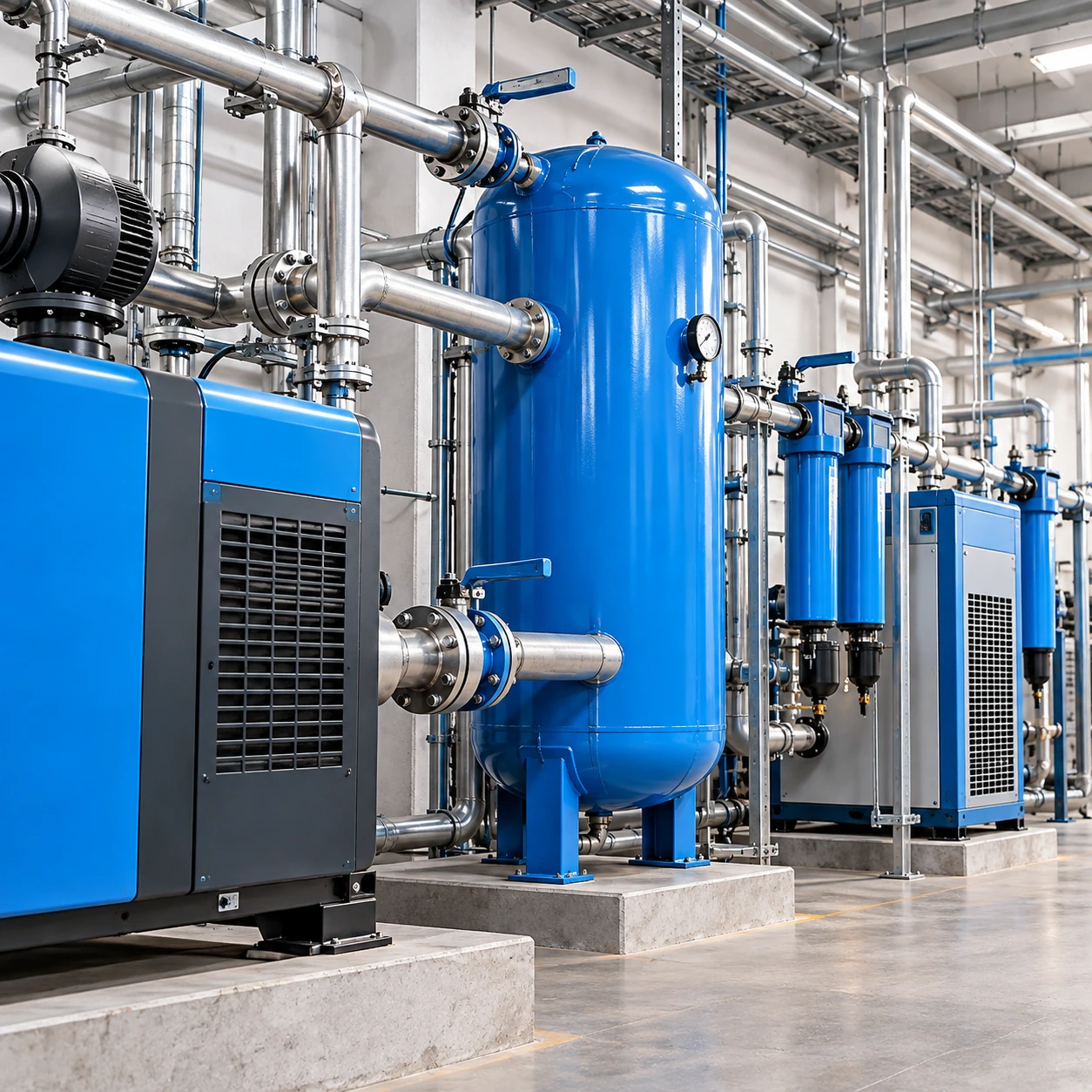 Compressed air system with receiver tank and piping