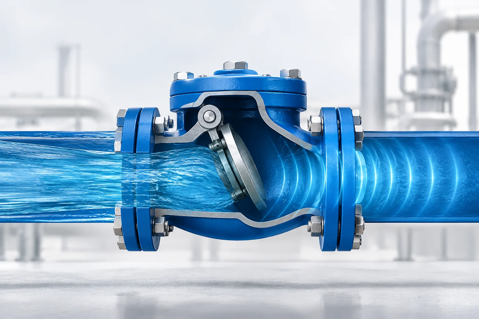 Industrial check valve showing water flow and pressure surge in a pipeline