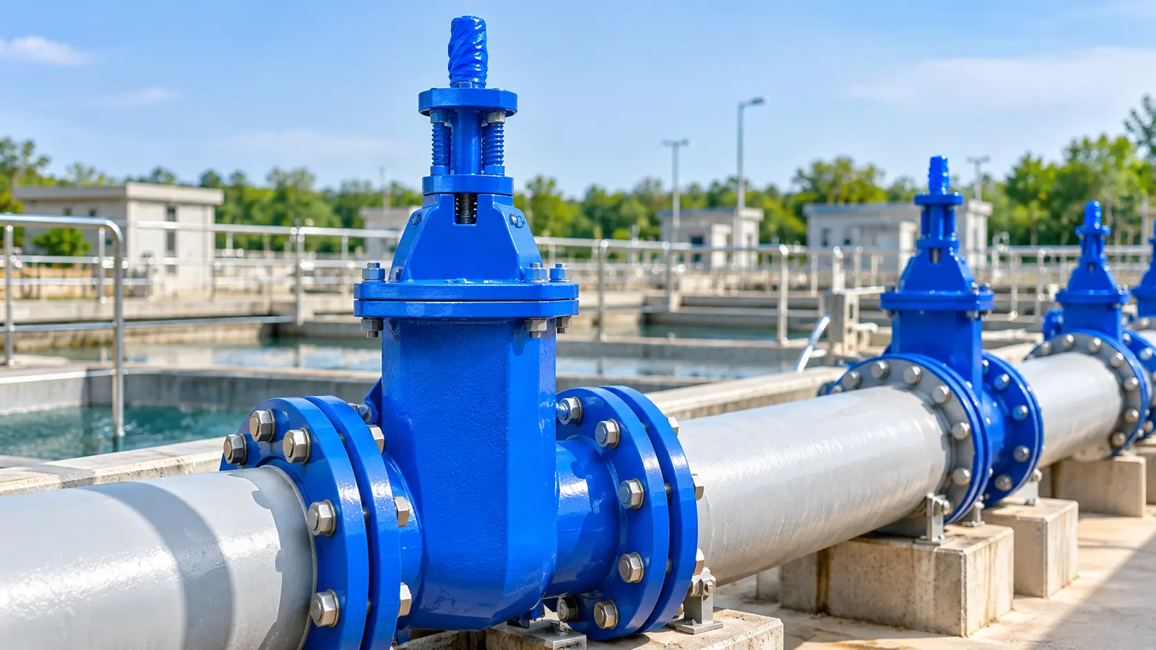 Blue sluice valve installed on a municipal water pipeline